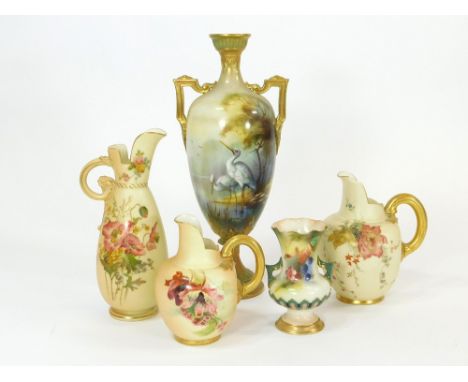 ROYAL WORCESTER. A Royal Worcester hand painted vase by A.C. Lewis, height 25cm. Repair & damage near base. Also, four other 