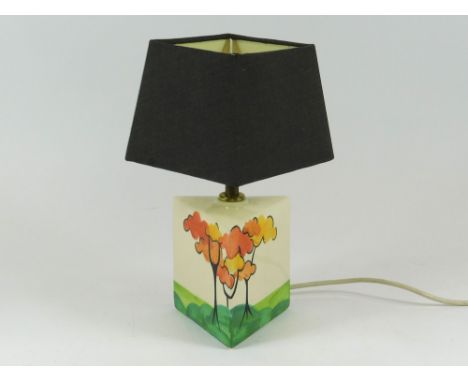 TABLE LAMP. A modern triangular section, hand painted, Clarice Cliff-style table lamp. Height of base excluding lamp fitting,