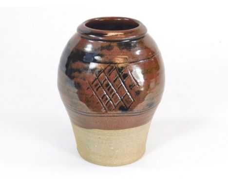 JEREMY LEACH. A Lowerdown Pottery paddled vase with incised decoration by Jeremy Leach. Height 25cm. Impressed Pottery & pers