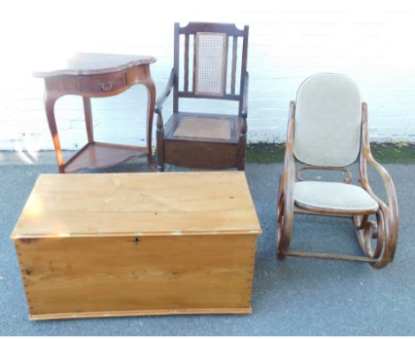 A group of furniture, comprising a pine chest, corner table, rocking chair and commode chair. (4)