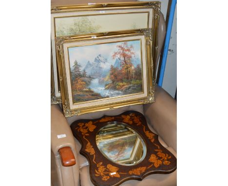 POKER WORK WALL MIRROR &amp; 2 MODERN FRAMED OIL PAINTINGS     