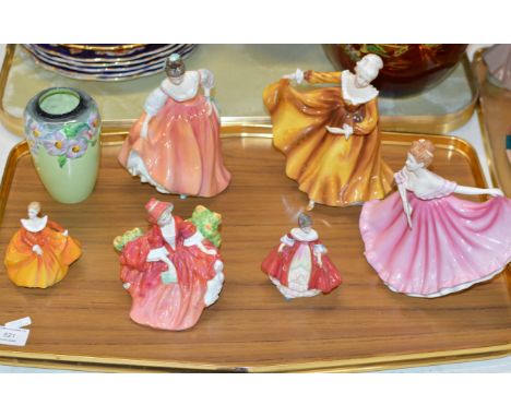 TRAY WITH SMALL CARLTON WARE VASE &amp; 6 VARIOUS DOULTON FIGURINES     