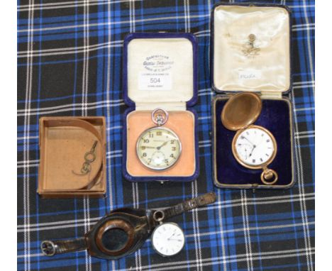 VINTAGE JAEGER MILITARY POCKET WATCH, GOLD PLATED POCKET WATCH &amp; SMALL SILVER CASED POCKET WATCH WITH LEATHER ARM STRAP  