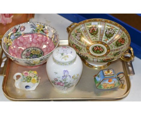 TRAY WITH GENERAL CERAMICS, NORITAKE DOUBLE HANDLED FOOTED BOWL, MALING BOWL, ENAMEL TEA POT ETC     