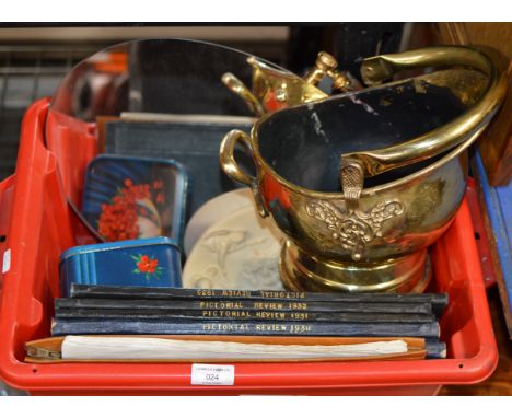 BOX WITH PICTORIAL REVIEW BOOKS, SMALL BRASS COAL BUCKET, PLAQUE, WALL MIRROR ETC     