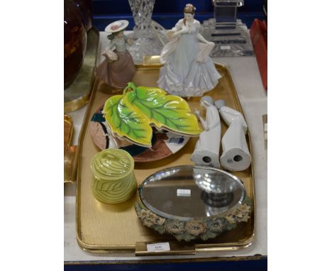 TRAY WITH GENERAL CERAMICS, BARBOLA STYLE MIRROR, CARLTON JAR, CARLTON DISHES, ROYAL WORCESTER FIGURINE ETC     