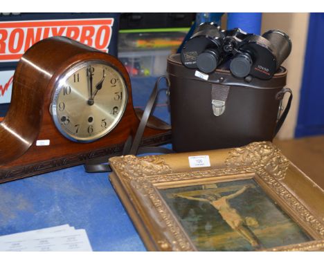 GILT FRAMED PRINT, CASED PAIR OF LIZARS BINOCULARS &amp; MAHOGANY CASED CHIMING MANTLE CLOCK     