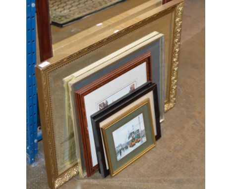 GILT FRAMED WALL MIRROR &amp; VARIOUS PICTURES, TRAM PICTURES ETC     