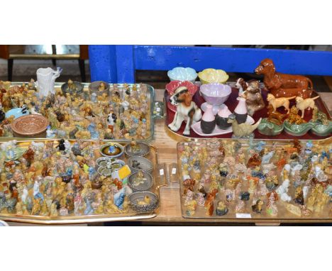 4 TRAYS WITH LARGE QUANTITY OF WADE WHIMSIES, BESWICK ANIMAL ORNAMENTS, CARLTON WARE CRUET SET ETC     