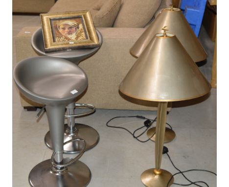 PAIR OF BAR STOOLS, PAIR OF LARGE TABLE LAMPS &amp; MODERN PORTRAIT PICTURE     