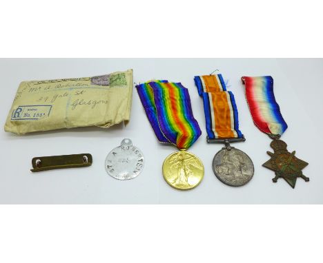 A trio of WWI medals with original ribbons, packets and envelope to 872 Pte. A. Robertson Royal Army Medical Corps, including