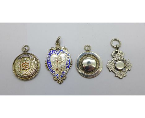 Four silver fobs, 41g, enamel a/f 