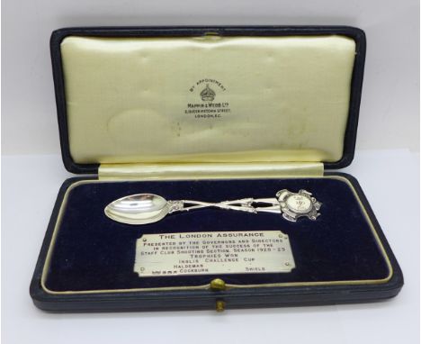 A silver shooting prize spoon, The London Assurance Inglis Challenge Cup, 1928-1929 produced by Mappin &amp; Webb in presenta