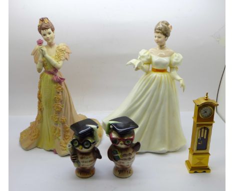 Novelty owl salt and pepper pots, a/f, a Royal Doulton figure, Kathleen, a Coalport figure and a miniature grandfather clock 