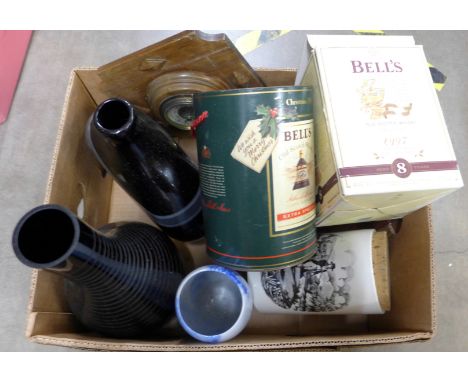 Four Bell's Whisky decanters, lacking contents, three glass vases, a storage jar and barometer **PLEASE NOTE THIS LOT IS NOT 