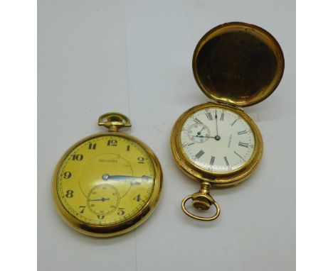 Two gold plated pocket watches, Waltham and Hallmark, 40mm and 46mm, Waltham lacking glass 
