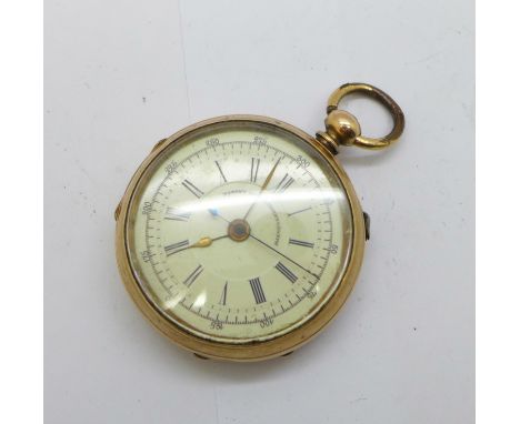 A 9ct gold cased pocket watch, the dial marked Patent Lever Chronograph, 48mm case, a/f 