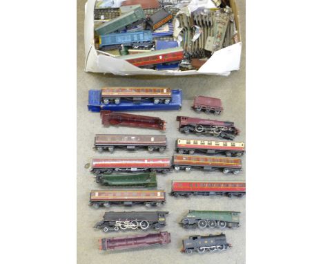 A box of Hornby Dublo OO gauge model rail, locomotives, coaches and track 