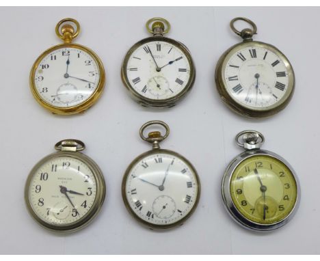 Three silver cased pocket watches, one a/f, a gold plated pocket watch, dial a/f, a Services Army pocket watch and a Westclox