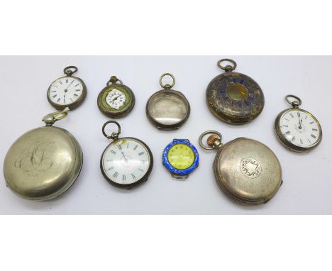 Two silver pocket watch cases, 151g, three silver fob watches, a silver fob watch case, 17g, a pocket watch, a metal cased fo