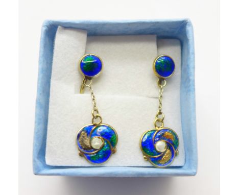 A pair of silver gilt and enamel Art Nouveau style earrings, enamel a/f 