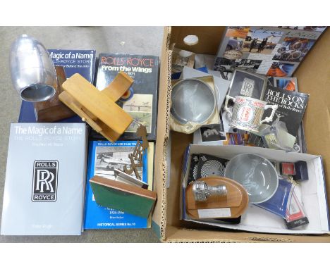 Rolls-Royce interest; an apprentice made mounted aero engine, mounted engine casting, books, mug, etc. 