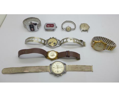 Eight manual wind wristwatches, Lings mock chronograph, Oris x4 including automatic with power reserve, Ross and Lucerne digi