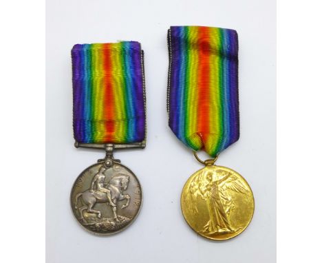 Two WWI medals, Victory Medal to 148540 Gnr. N. Thompson RA and a British War Medal to 46467 Pte. T.F. Thompson Linc. R. 