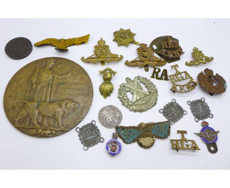 A death plaque, John Walker, military badges including a silver and enamel Royal Dragoons badge, a 1763 Netherlands 1 Gulden 