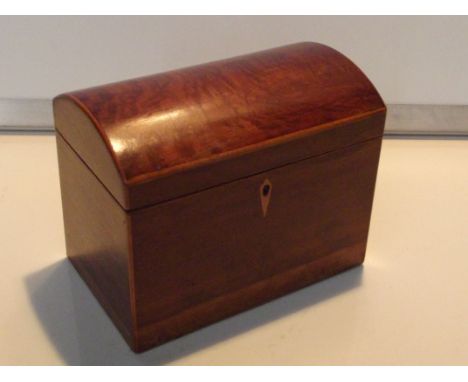 19th century mahogany tea caddy, hinged domed lid enclosing two compartments 