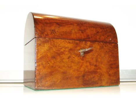 19th century burr walnut tea caddy, hinged and domed lid enclosing two compartments