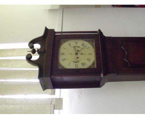 19th century long case mahogany clock, swan neck pediment, the dial with Roman numerals and painted with birds and floral spa