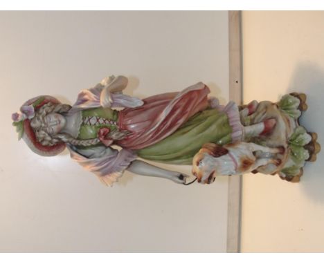 German ceramic bisque figure group, lady and a dog 44 cm high