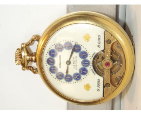Hebdonas limit of Switzerland 8 jours - 8 day enamel face, gilt case pocket watch