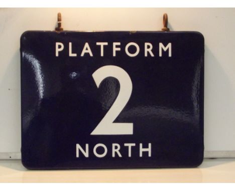BR(E) enamel station platform sign (platform 2 north) double sided with original hanging rings. 18 x 24 inches