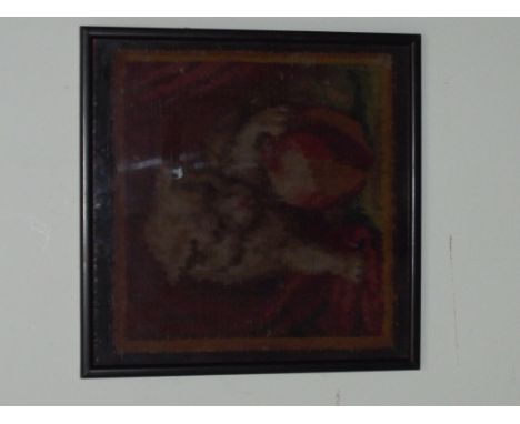19th century Berlin woolwork , depicting a kitten playing with a ball, framed and glazed 32.5cm x 32.5cm 