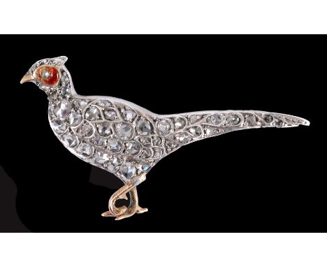 A Diamond Pheasant Brooch pavé-set numerous rose-cut stones with red enamel to eye, in original fitted case