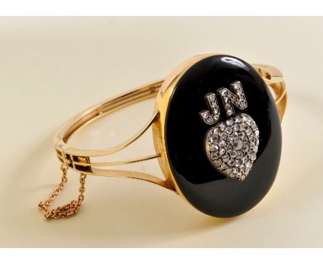 A Victorian Diamond Mourning Bangle, the front with oval black enamel plaque applied heart and initials 'JN' pavé-set numerou