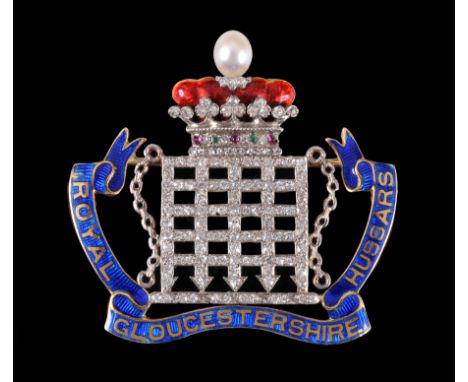 A Royal Gloucestershire Hussars Diamond, Pearl and Enamel Regimental Sweetheart Brooch, the portcullis and crown pavé-set num