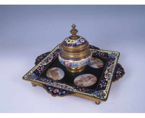 A brass and enamel Inkwell with oval micro mosaic panels of ancient buildings and ruins, 7 1/2 in square