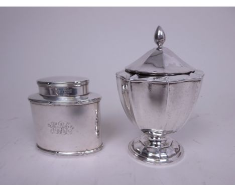 An Edward VII silver Tea Caddy of lobed circular form with egg shape finial on pedestal base, Birmingham 1909, and a small pl