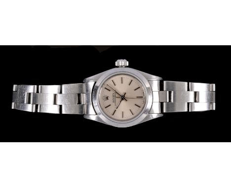 Rolex: A Lady's Stainless Steel Oyster Perpetual Wristwatch the champagne dial with hourly baton markers and sweep seconds ha