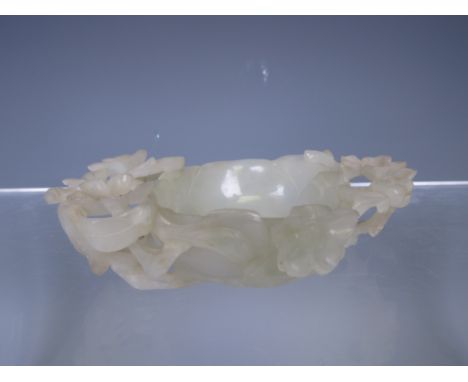 A 19th Century Jade Lotus Bowl with floral and twig carved handles (A/F, slight imperfection to bowl and chips to flowers), 4