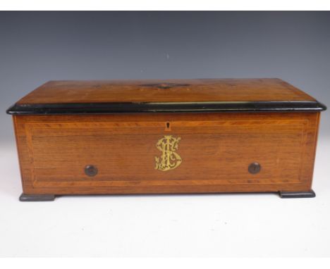 A Nicole Freres cylinder lever-pull Music Box with 12 1/4 in cylinder covered with glazed hinged panel, the cover inlaid with