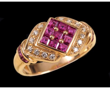 A Ruby and Diamond Cluster Ring set nine calibré-cut rubies within a frame of brilliant-cut diamonds and trios of rubies to s