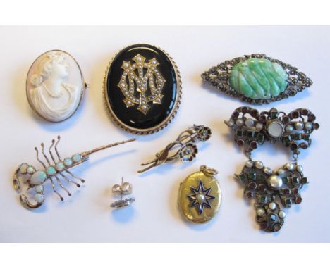 A Collection of Jewellery including; an Onyx and Seed Pearl Memorial Brooch, a carved pink shell Cameo Brooch, an Enamel and 