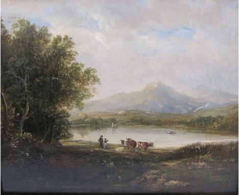 ATTRIBUTED TO CHARLOTTE NASMYTH (1804-1884)A Highland loch Landscape with Figures and Cattleoil on panel9 1/2 x 12 inProvenan