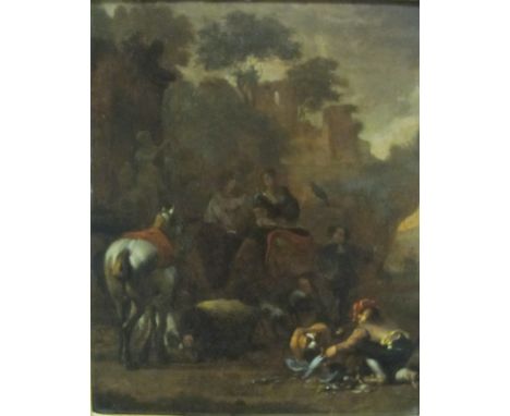 FOLLOWER OF NICOLAES BERCHEM (1620-1683)Figures and horses gathered on a track, near ruinsoil on panel10 x 8 inProvenance: Pr