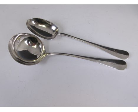 A George V silver Soup Ladle and Gravy Spoon hanovarian pattern engraved initial with rat tail bowls, Sheffield 1915, maker: 