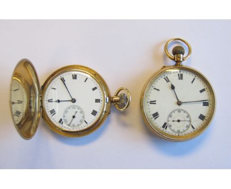 An 18ct gold cased keyless wind Hunter Pocket Watch, the white enamel dial with roman numerals and subsidiary seconds dial, c